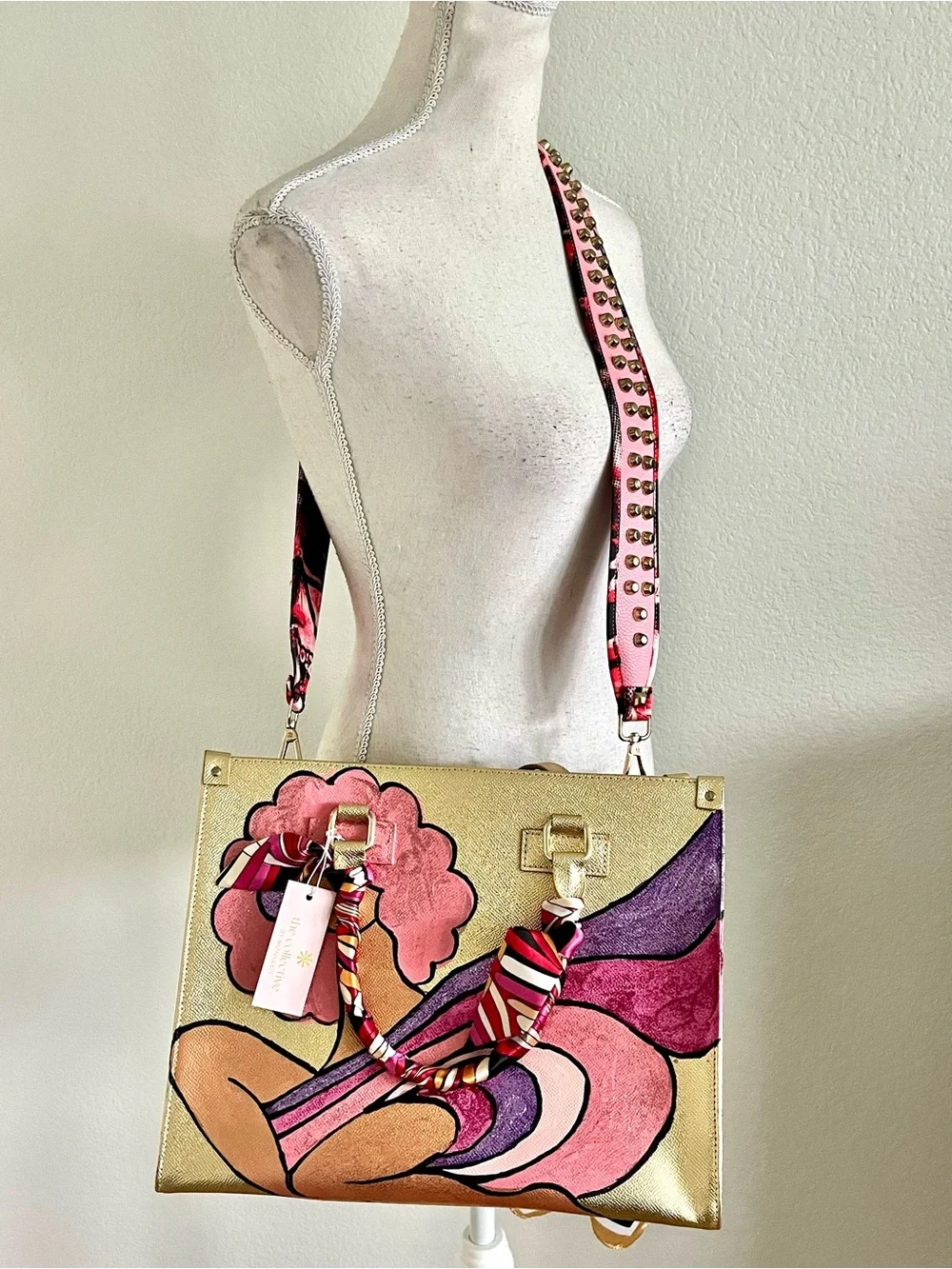 🔥New Gold Tote Bag with Pink & Purple Art Illustration🔥